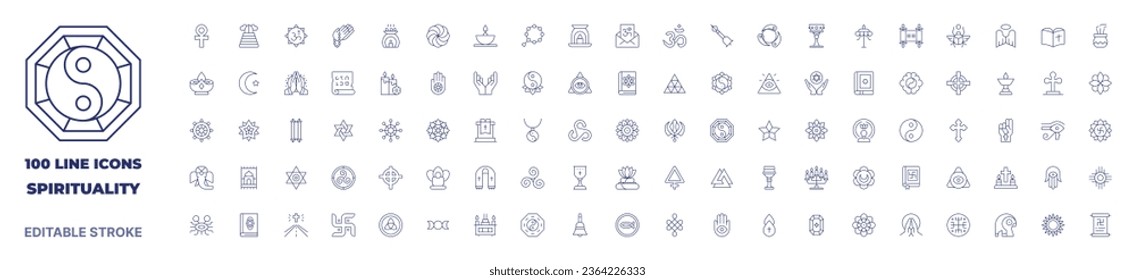 100 icons Spirituality collection. Thin line icon. Editable stroke. Spirituality icons for web and mobile app.