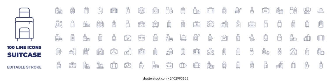 100 Symbole Koffer-Sammlung. Dünne Linie Symbol. Bearbeitbarer Strich. Geeignet für Web- und Mobile-App.