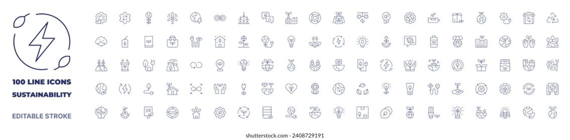 100 icons Sustainability collection. Thin line icon. Editable stroke. Sustainability icons for web and mobile app.