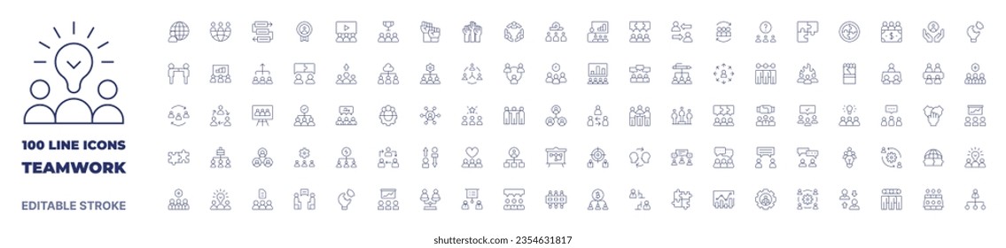 100 icons Teamwork collection. Thin line icon. Editable stroke.