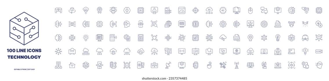100 icons Technology collection. Thin line icon. Editable stroke. Containing.