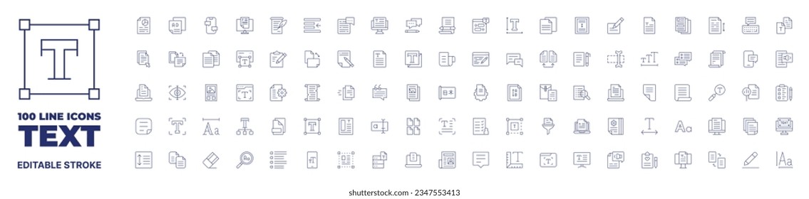100 icons Text collection. Thin line icon. Editable stroke.