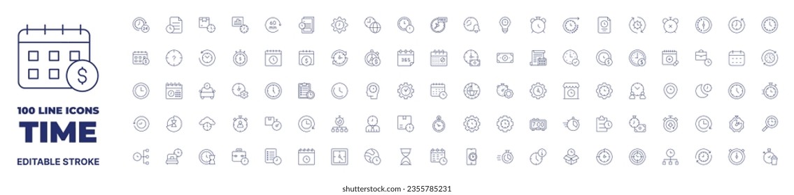 100 iconos Colección de tiempo. Icono de línea delgada. Trazo editable. Iconos de tiempo para aplicaciones web y móviles.
