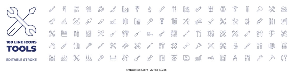 colección Tools de 100 iconos. Icono de línea delgada. Trazo editable. Herramientas iconos para web y aplicación móvil.