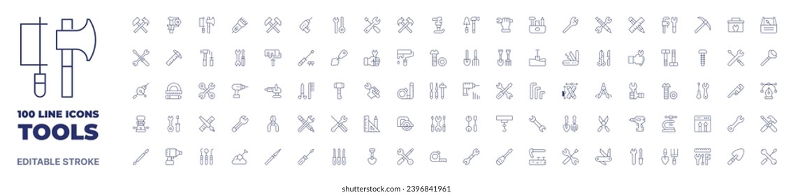 colección Tools de 100 iconos. Icono de línea delgada. Trazo editable. Herramientas iconos para web y aplicación móvil.