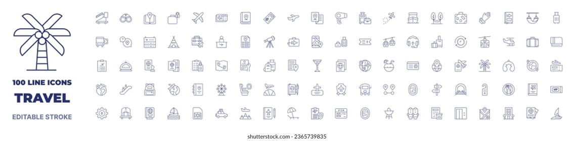 100 icons Travel collection. Thin line icon. Editable stroke. Travel icons for web and mobile app.