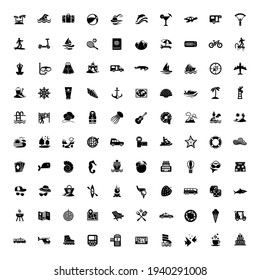100 icons. Travel symbols and Tourism signs vector illustration