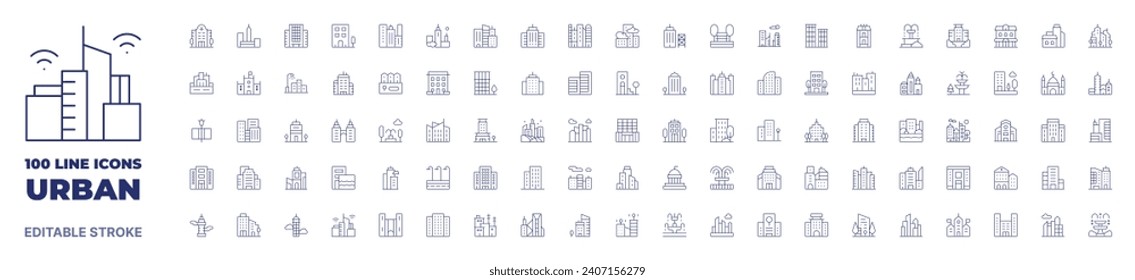 100 icons Urban collection. Thin line icon. Editable stroke. Urban icons for web and mobile app.