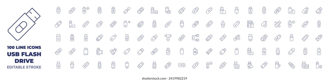 100 iconos colección de unidades flash Usb. Icono de línea delgada. Trazo editable. Iconos de unidad flash Usb para web y aplicación móvil.