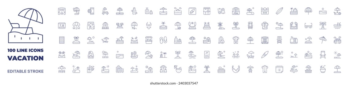 100 Icons Vacation Collection Dünne Linie Symbol. Bearbeitbarer Strich. Urlaubssymbole für Web- und mobile App.