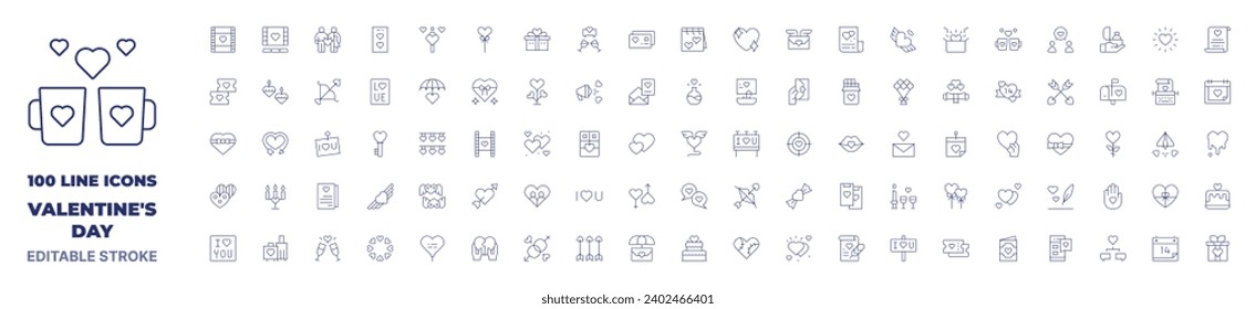 100 icons Valentine's Day collection. Thin line icon. Editable stroke. Valentine's Day icons for web and mobile app.