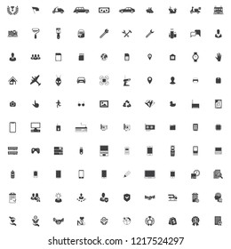 100 icons in the vector for the site and applications. on various subjects. Icons with computers, various types of mobile phones, tools, awards, transport.