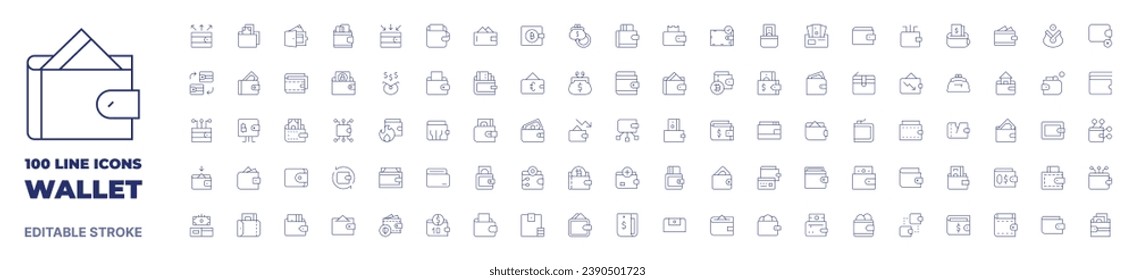 100 icons Wallet collection. Thin line icon. Editable stroke. Wallet icons for web and mobile app.