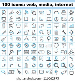 100 icons, web, media, internet icon set