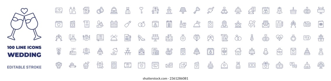 100 icons Wedding collection. Thin line icon. Editable stroke. Wedding icons for web and mobile app.