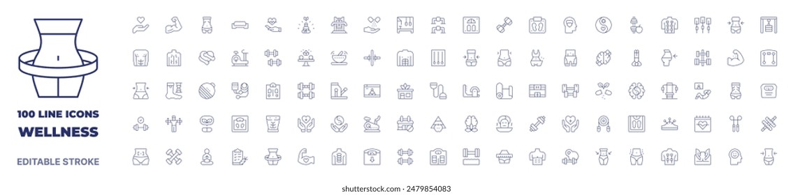 100 icons Wellness collection. Thin line icon. Editable stroke. Wellness icons for web and mobile app.