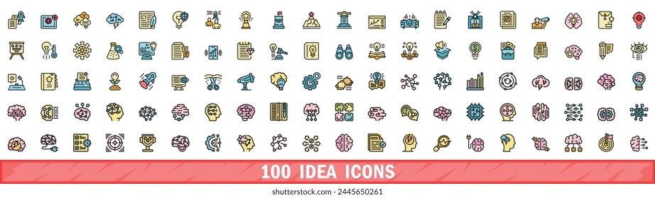 Conjunto de 100 iconos de idea. Conjunto de línea de color de iconos vectoriales de idea línea delgada color plano sobre blanco