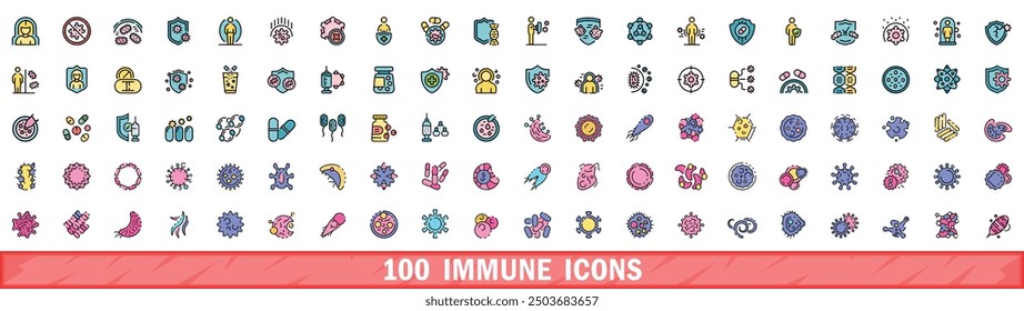 100 immune icons set. Color line set of immune vector icons thin line color flat on white