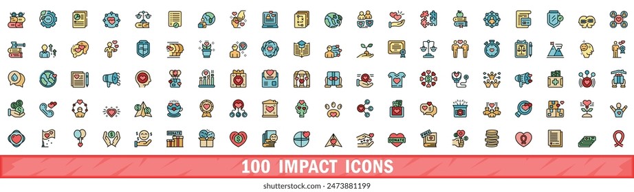 100 impact icons set. Color line set of impact vector icons thin line color flat on white