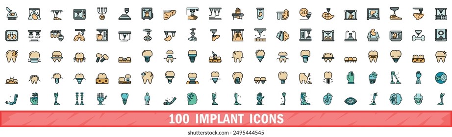 100 implant icons set. Color line set of implant vector icons thin line color flat on white