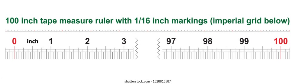 100 inch tape measure ruler with 1/16 inch markings. Imperial grid below. Scale 1:1.