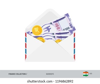 100 Indian Rupee Banknote. Flat style opened envelope with cash. Indian Rupee banknotes and coins. Salary payout or corruption concept.