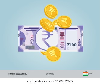 100 Indian Rupee Banknote with flying coins. Flat style vector illustration. Finance concept.