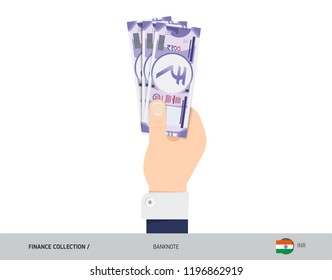 100 Indian Rupee Banknote. Hand gives money. Flat style vector illustration. Salary payout or corruption concept.