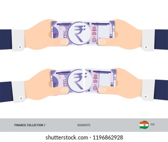 100 Indian Rupee Banknote. Hands tearing banknote set. Flat style vector illustration. Business finance concept.