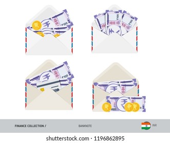 100 Indian Rupee Banknote. Set of flat style opened envelopes with cash. Isolated white paper envelope with moneys. Finance concept.