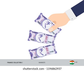 100 Indian Rupee Banknotes. Hand throwing banknotes. Flat style vector illustration. Waste of money concept.