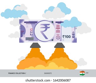 100 Indian Rupee rising as a rocket. Flat style vector illustration.