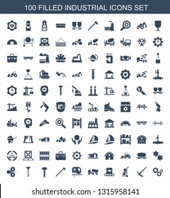 100 industrial icons. Trendy industrial icons white background. Included filled icons such as gear, hammer, cart cargo, conveyor, concrete mixer. industrial icon for web and mobile.