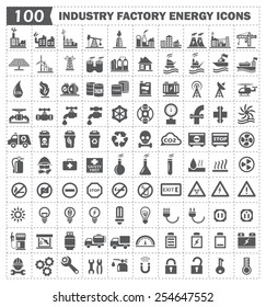 100 industry icon such as factory, plant, oil pump, oil rig, crane, oil, gas, flame, gas tank, pipe, faucet, warning caution, chemical, electrical, gas station, truck and other vector icon set design.