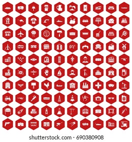 100 industry icons set in red hexagon isolated vector illustration