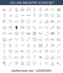 100 industry icons. Trendy industry icons white background. Included line icons such as measure tape, hook with cargo, hummer, screwdriver, clock in gear. industry icon for web and mobile.