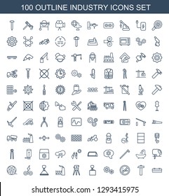 100 industry icons. Trendy industry icons white background. Included outline icons such as barn, hammer, no smoking, gear, hook with cargo, theodolite. industry icon for web and mobile.