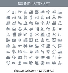 100 Industry universal icons pack with Factory, Tools, Plan, Maintenance, Oil, Planning, Gauge, Measuring tape, Pipe