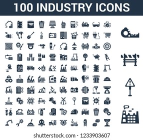 100 Industry universal icons set with Factory, Danger, Barrier, Measuring tape, Artificial intelligence, Boxes, Water tank, Conveyor, Drone, Forklift