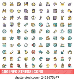 100 info stress icons set. Color line set of info stress vector icons thin line color flat on white