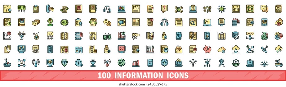 100 information icons set. Color line set of information vector icons thin line color flat on white