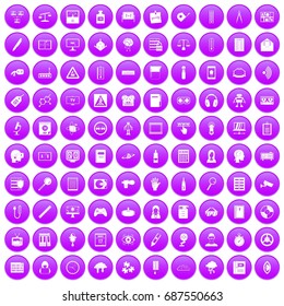100 information icons set in purple circle isolated on white vector illustration