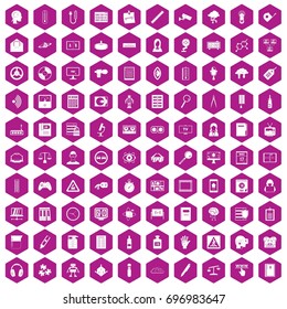 100 information icons set in violet hexagon isolated vector illustration