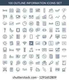 100 information icons. Trendy information icons white background. Included outline icons such as laptop, document, , pointer, TV van, pin. information icon for web and mobile.