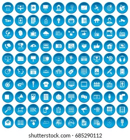 100 information technology icons set blue. Illustration of 100 information technology icons vector set isolated on white background