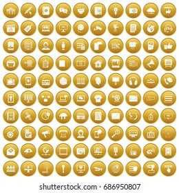 100 information technology icons set in gold circle isolated on white vectr illustration