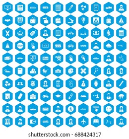 100 initiation icons set in blue hexagon isolated vector illustration