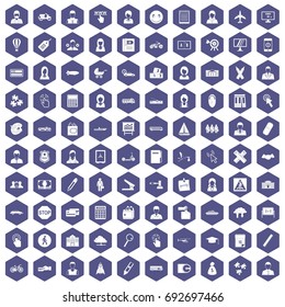 100 initiation icons set in purple hexagon isolated vector illustration