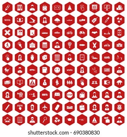 100 initiation icons set in red hexagon isolated vector illustration