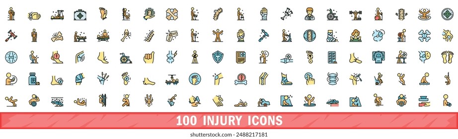 100 injury icons set. Color line set of injury vector icons thin line color flat on white